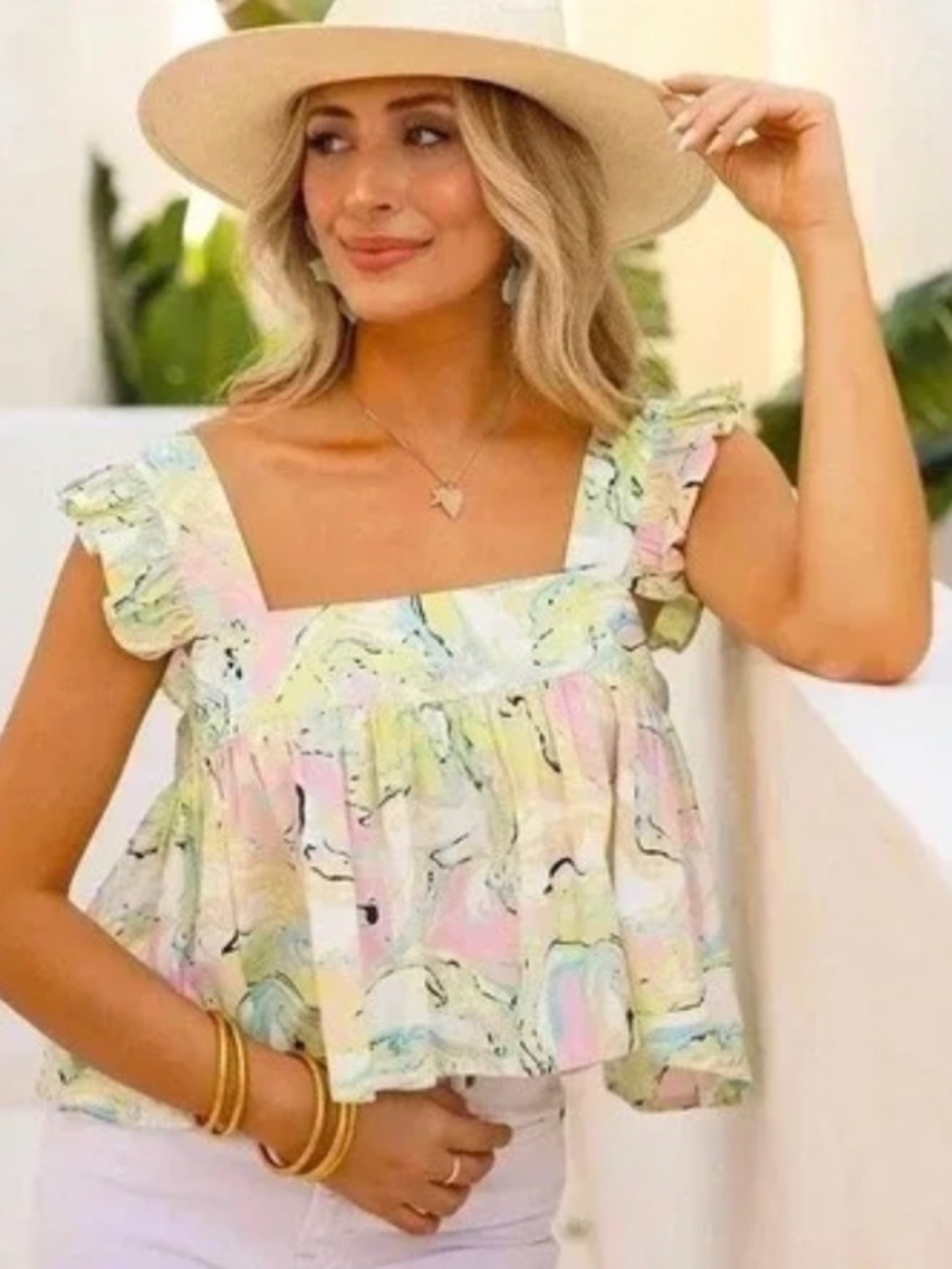 BuddyLove XS Kyle Ruffle Swing Tank Top Citron Marble